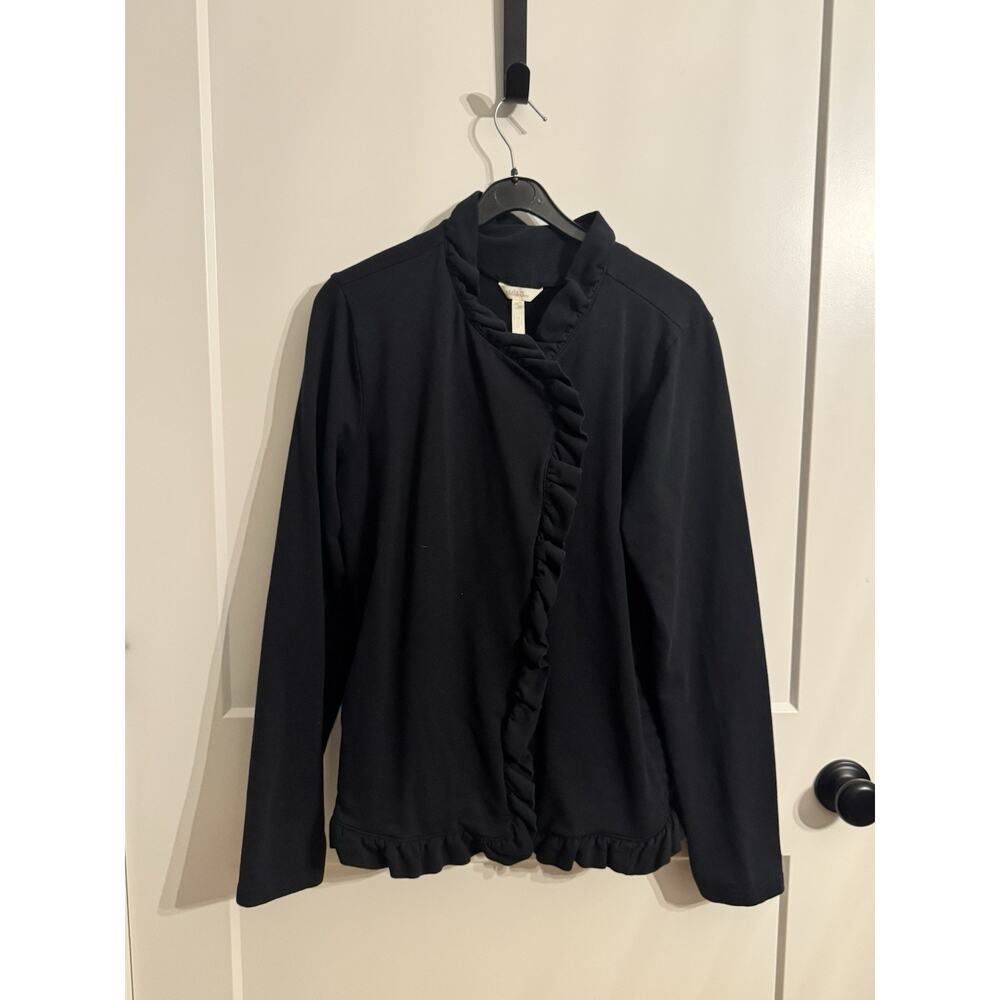 Matilda Jane Navy Soft High Neck Knit Snap Front Ruffle Jacket Sz L Boho Office
